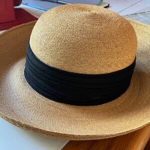 Vintage Wide Brim Straw Hat with Black Ribbon designed by Patricia Underwood